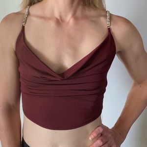 Windsor Bordeaux Cowl Neck Crop Top w/ Rhinestone Straps Women’s S Holiday Party